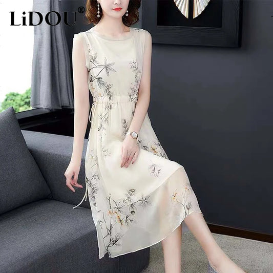 Summer New Elegant Fashion Printing Tank Dress Ladies Sleeveless Holiday Casual Robe Women Drawstring Waist A-line Midi Vestidos