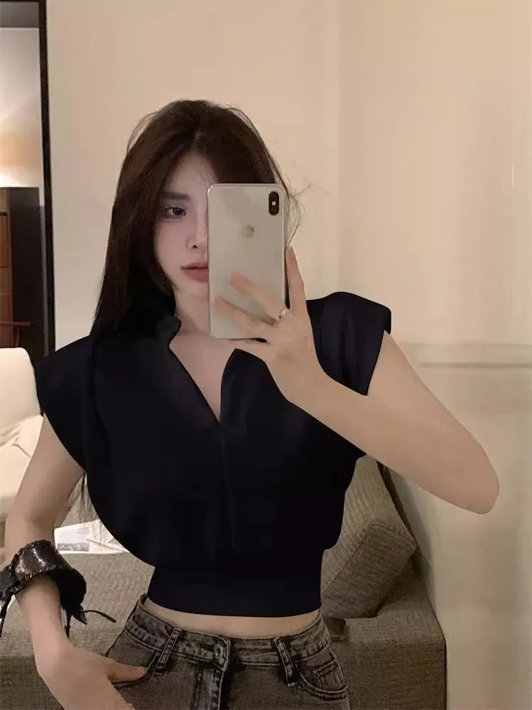 White V-Ne Slim Fit ort Sve T-irt Women's Summer New Sle Small Size Loose Faion Top Korean Sle Commute Wind