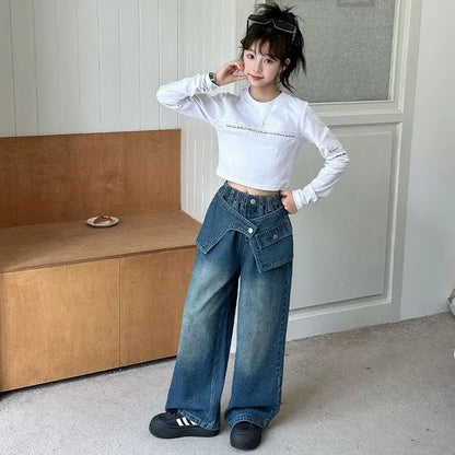 Autumn Trendy Korean Style Flared Jeans for Girls - Medium & Large Kids, Ruffled Long Pants for Junior High Students