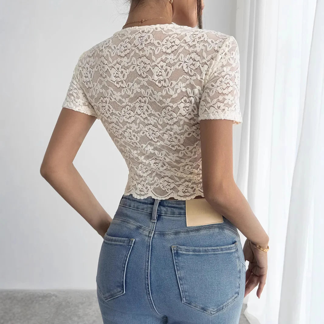 2026 Summer New Sexy Lace V-neck T-shirt Women's Slim and Thin Short Spice Girl Top