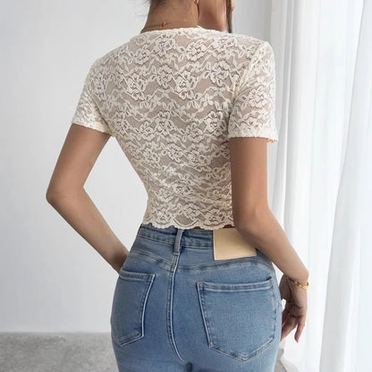 2026 Summer New Sexy Lace V-neck T-shirt Women's Slim and Thin Short Spice Girl Top