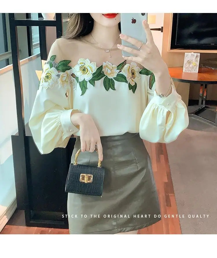 Fashion Women's Blouse Shirt Patchwork Long Sleeve Mesh Perspective Embroidered Flowers Chiffon Shirt Sexy Apricot Floral Shirt