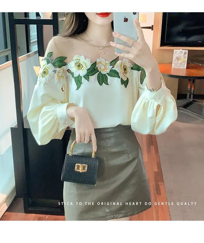 Fashion Women's Blouse Shirt Patchwork Long Sleeve Mesh Perspective Embroidered Flowers Chiffon Shirt Sexy Apricot Floral Shirt