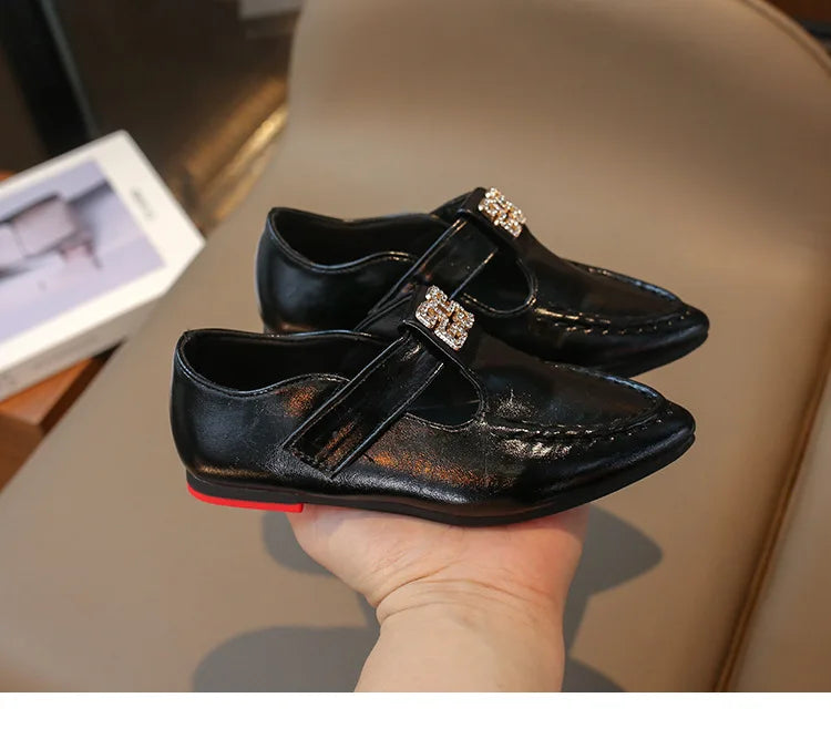 Fashion Girls' Shoes  Autumn New Kids Formal Pointed Leather Shoes Simple Versatile Girls' Rhinestone Casual Shoes Zapatos (Available)