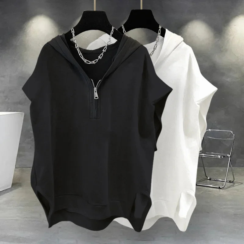 Summer Men's Zip up Sleeveless Hooded T-shirt 2024 New Korean Fashion Tank Tops Y2K Streetwear Casual Vests Hip Hop Tee Shirts(Available)