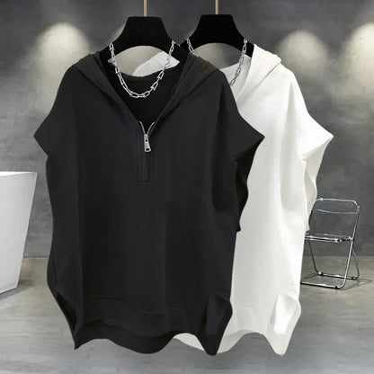 Summer Men's Zip up Sleeveless Hooded T-shirt 2024 New Korean Fashion Tank Tops Y2K Streetwear Casual Vests Hip Hop Tee Shirts(Available)