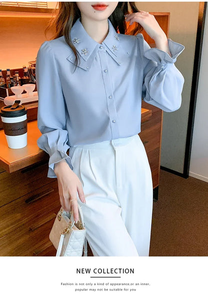 Elegant Long Sleeve Chiffon Shirts Women Autumn Winter Fashion White Blusa Feminina Korean Style Office Ladies Tops Blouses