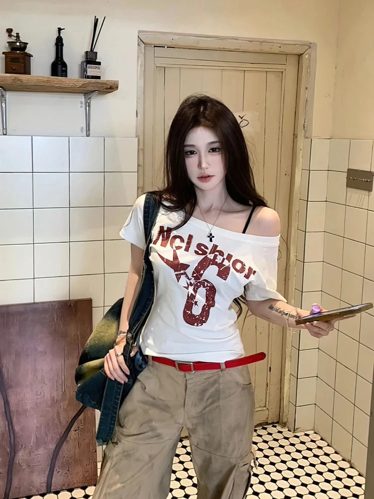 Y2k Sport Summer Off shoulder Top Women Sexy Vintage 2000s Short sleeve T shirt  Lady Body Basic Crop Top Female Casual