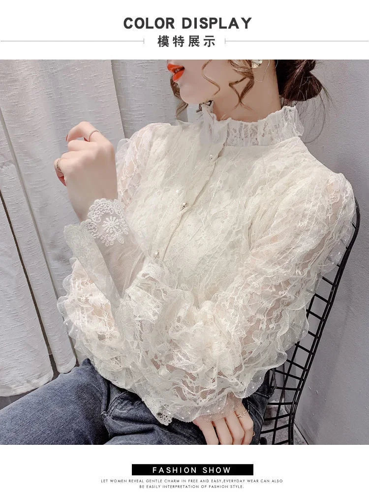 Blouse Women Shirt Lace Long Sleeve Women's Clothing Spring Lantern Sleeve Stand Collar Cardigan Top Blusas Mujer De Moda