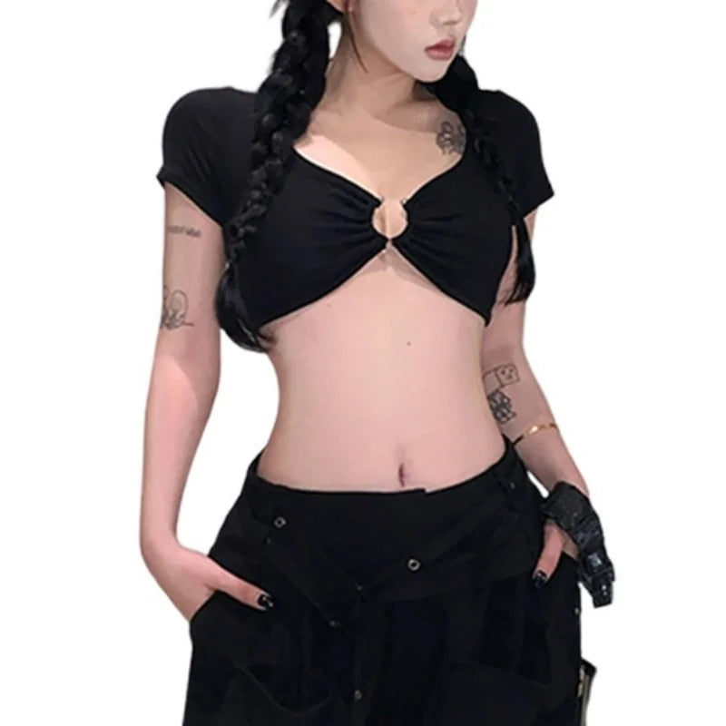 Xingqing y2k Crop Tops Women Summer Clothes Sexy Solid Color Metal Ring Short Sleeve Padded T Shirts 2000s Clothing Streetwear