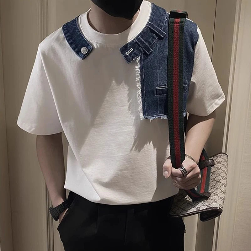Men Trendy Vintage Denim Patchwork Design Tees Summer Short Sleeve Luxury Chic T Shirt Casual Round Neck Loose Tops Ropa Hombre  ( Available )