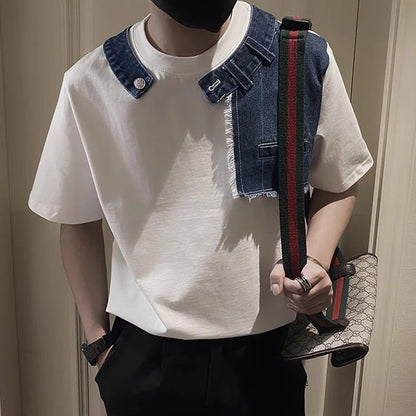 Men Trendy Vintage Denim Patchwork Design Tees Summer Short Sleeve Luxury Chic T Shirt Casual Round Neck Loose Tops Ropa Hombre  ( Available )