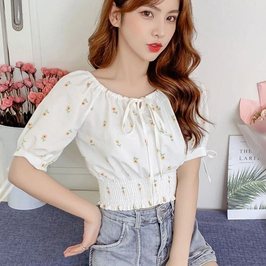 Sweet Broken Flower Women Short Shirts Elegant O-Neck Bow Tie Blouses Korean Fashion Elastic Waist Puff Sleeve Blouses 2025 New