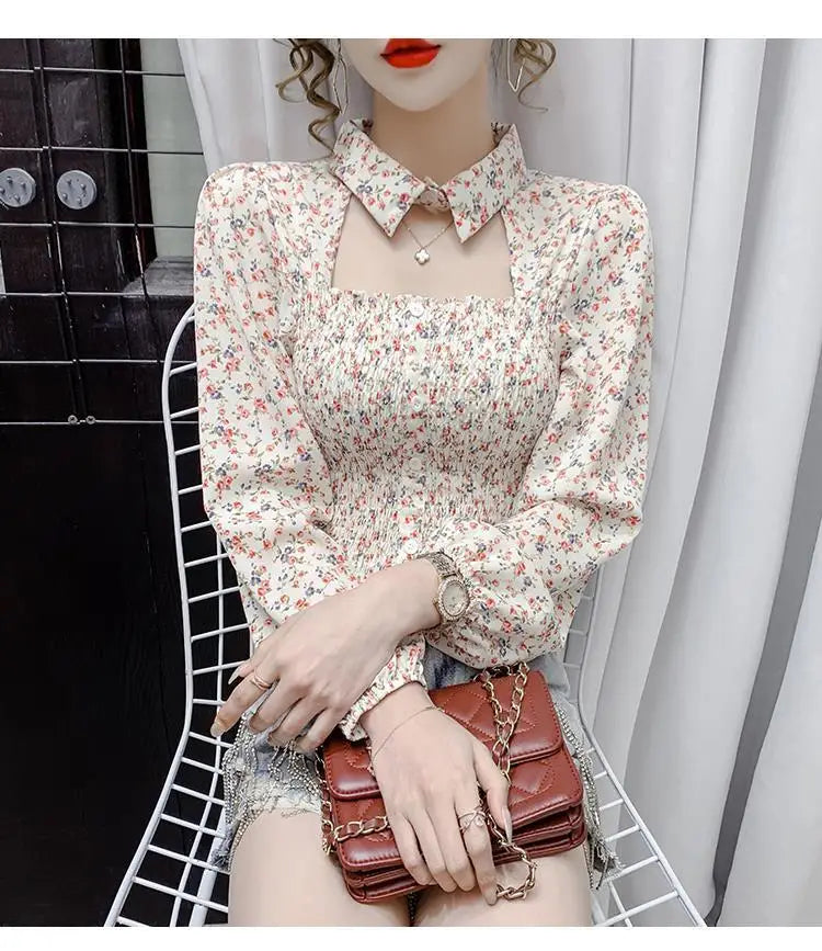 2025 Floral Chiffon Shirt New Spring Summer Women Collect Waist Hollow Out Tops Vintage Blouse Women Longsleeve Short Shirt 3XL