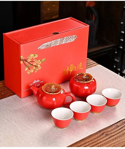Auspicious Red Ceramic Tea Set Gift Box - Chinese New Year Wedding Corporate Gifts, Good Fortune Design Teapot & Cups