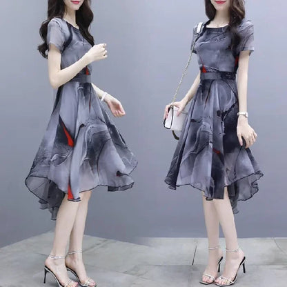 Summer New Women Short Sleeve Korean Elegant Ventilate Spliced Slim Printed Asymmetrical Dovetail Round Neck A-line Dresses B50