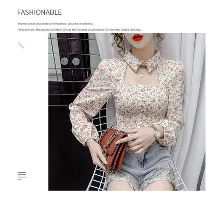 2025 Floral Chiffon Shirt New Spring Summer Women Collect Waist Hollow Out Tops Vintage Blouse Women Longsleeve Short Shirt 3XL