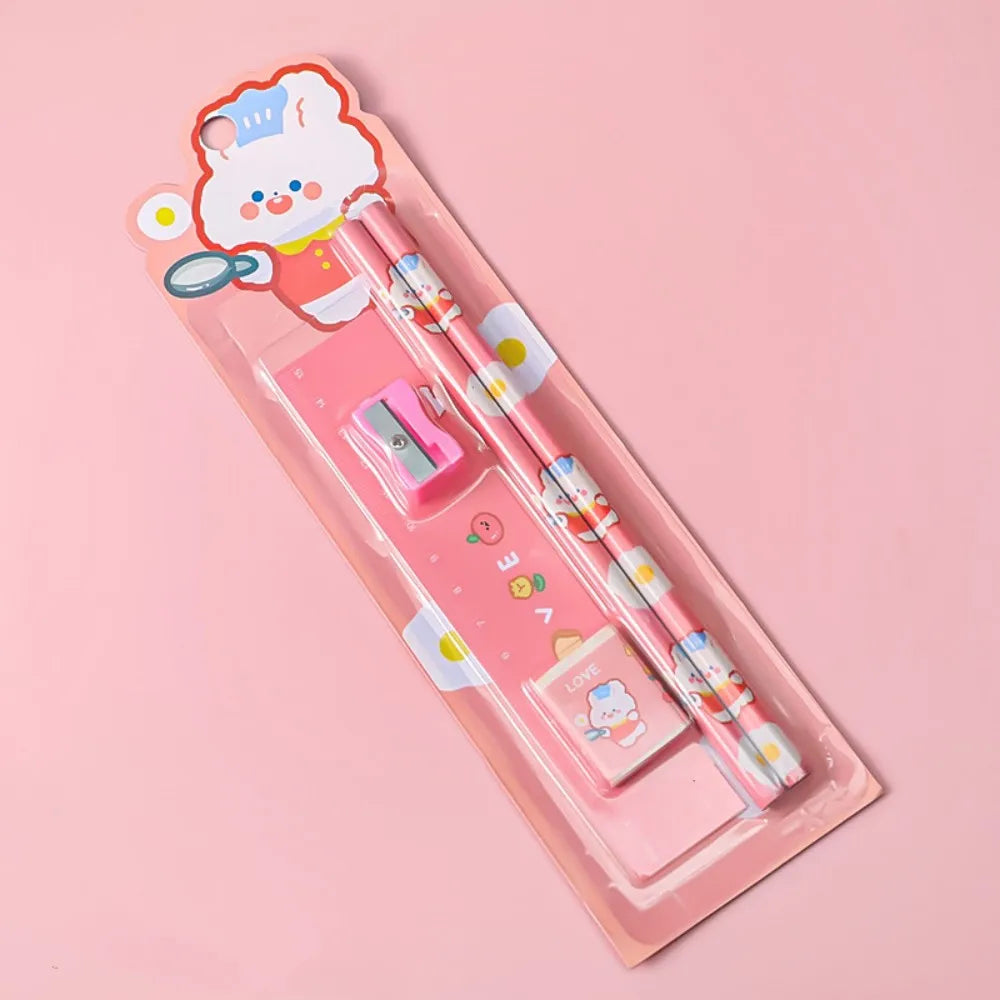 5Pcs Cute Cartoon Stationery Set Pencil Ruler Eraser Pencil Sharpener Kawaii Children School Scrapbook Supplies Set For Gifts