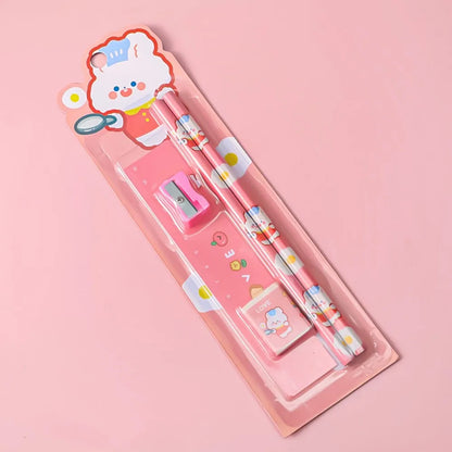 5Pcs Cute Cartoon Stationery Set Pencil Ruler Eraser Pencil Sharpener Kawaii Children School Scrapbook Supplies Set For Gifts