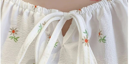 Sweet Broken Flower Women Short Shirts Elegant O-Neck Bow Tie Blouses Korean Fashion Elastic Waist Puff Sleeve Blouses 2025 New