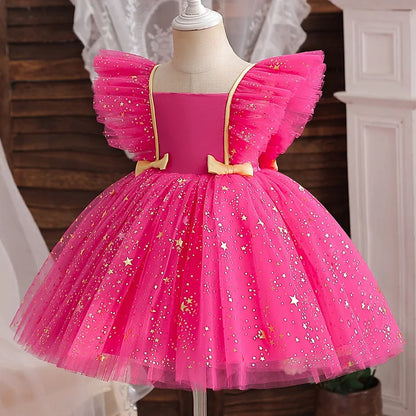 Child's Party Dress Children's Summer Princess Bow Star Sequin Gauze Skirt Girls Skirt Sweet Dress Fashion Kid's Dress Puffy