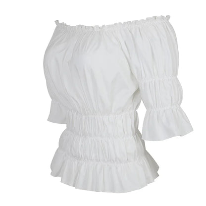 Women Renaissance Peasant Blouse Peplum Top Ruffle Sleeve Off-Shoulder Shirts 3/4 Sleeve Elastic Waist