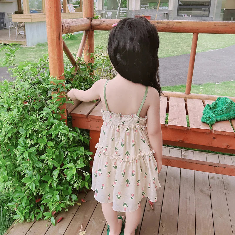 Baby Girl Summer Dress Sweet Floral Pattern Halter Dress Korean Version of The Lovely Baby Girl Princess Dresses