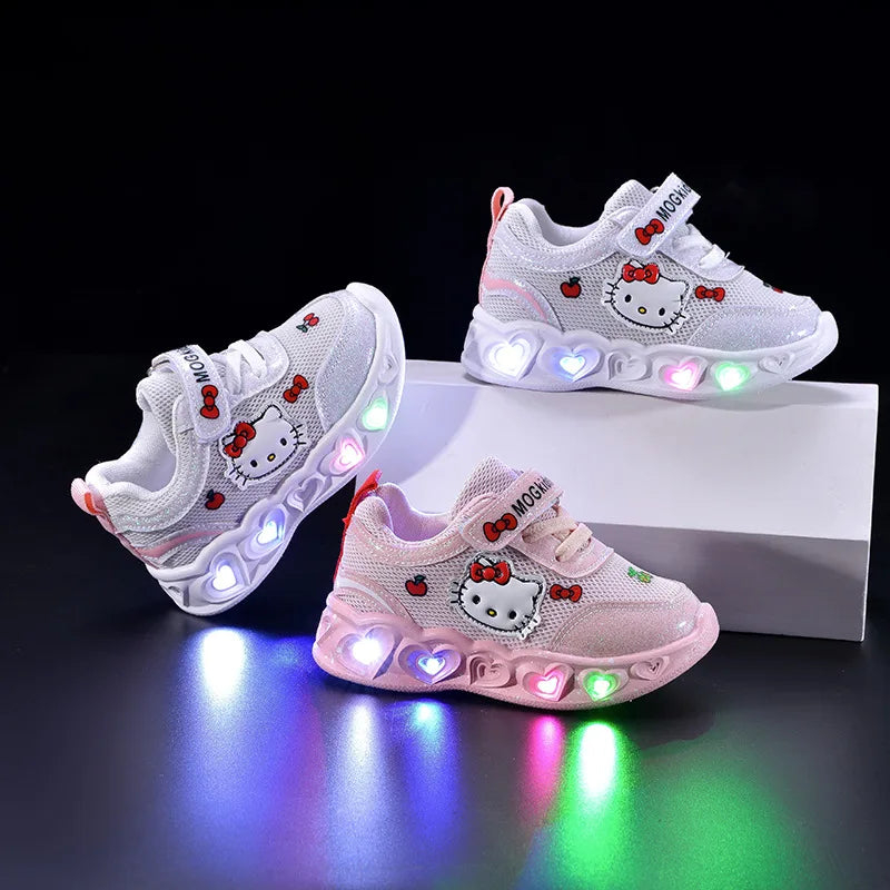 Sanrio LED Kids Shoes for Girls Cute Cartoon Hello Kitty Shoes Summer Girl Kawaii Shoes Soft Bottom Sneakers Casual Shoes
