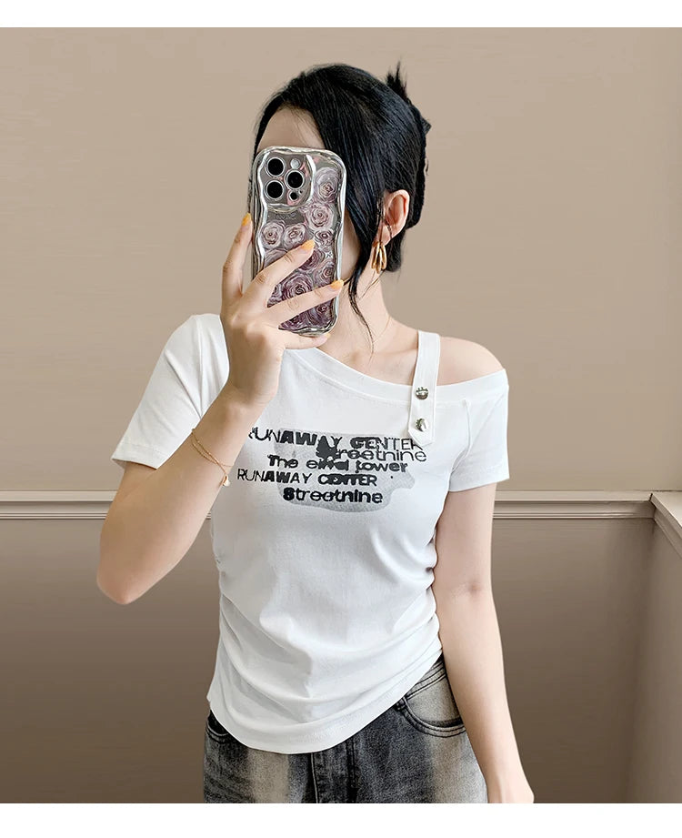 Sexy oulder Bared T irt Women's ort Sve Asymmetrical Collar Faionable Slimming Top Korean Sle Cotton Blend Summe...