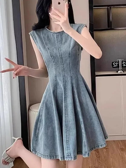 Summer New Retro Blue Denim Dr Slimming High Waist round Ne Svel A-Line Skirt Korean Sle Women's Faion Dr