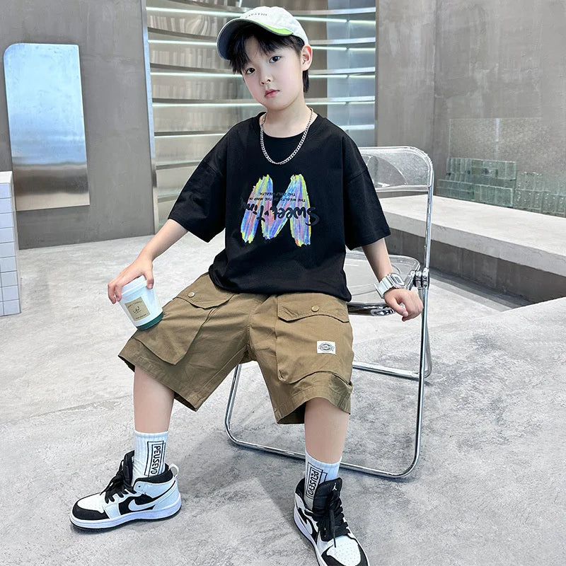 Clothing Sets Big Children Short-sleeved Top+Shorts Suits Teenager T-shirt Loose Sports 2Pcs Outfits