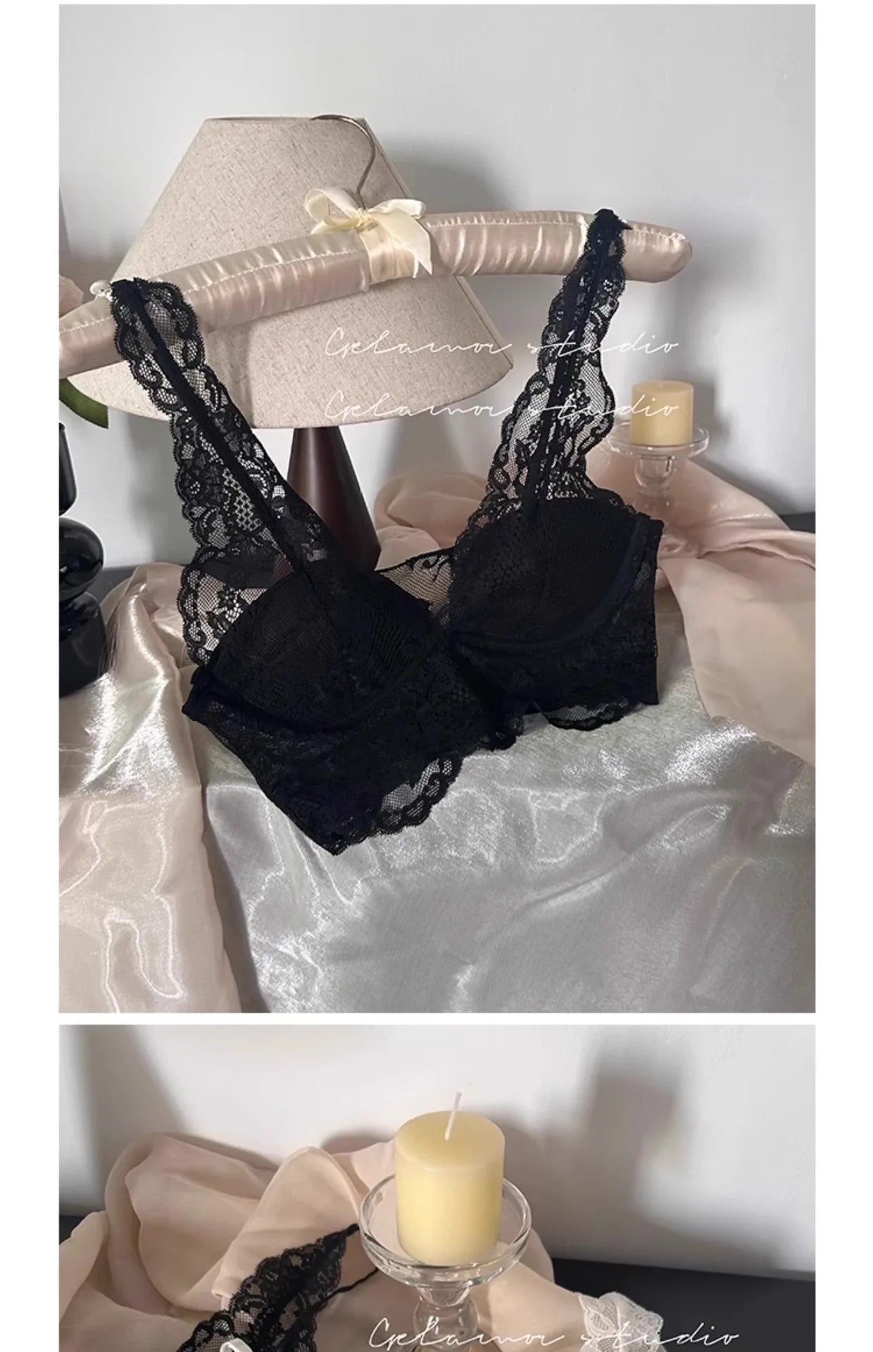 French Lace Lingerie Gathered No Steel Ring Bra Deep V Neck Sexy Wire Free Bras Underwear Tank Tops Padded Camisole Vest
