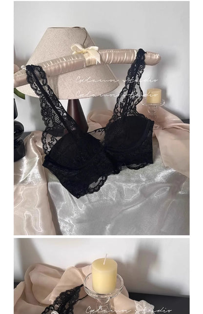 French Lace Lingerie Gathered No Steel Ring Bra Deep V Neck Sexy Wire Free Bras Underwear Tank Tops Padded Camisole Vest