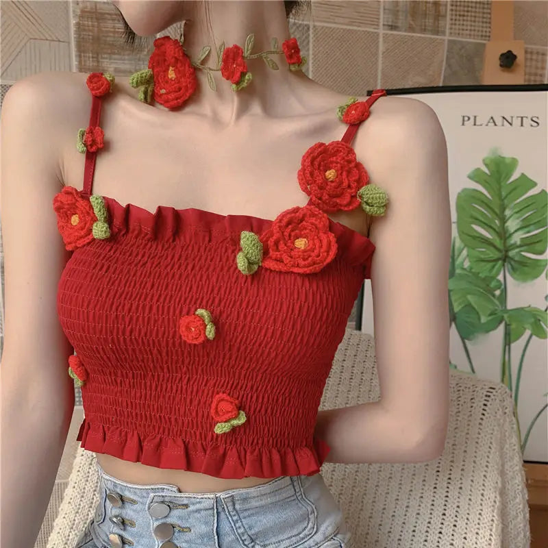 Camis Women 3D Decoration Patchwork Crop Top Slim Design Retro Classic Sexy Basic Korean Style Ulzzang Ins Holiday College Young