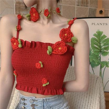 Camis Women 3D Decoration Patchwork Crop Top Slim Design Retro Classic Sexy Basic Korean Style Ulzzang Ins Holiday College Young