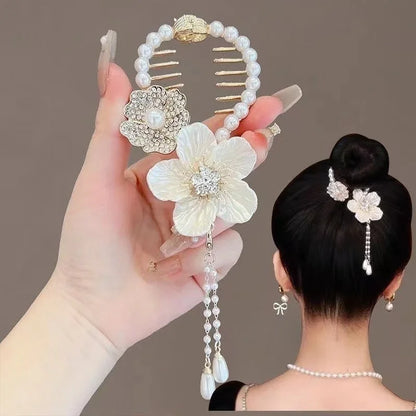 Ladies Butterfly Rhinestone Pearl Metal Hair Claw Round Bun Ponytail Holder
