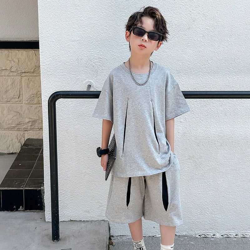 American Kids Design Double Cotton Gauze Clothing Set For Teenage Boy Casual Summer Top and Bottom Clothes Set Child Tracksuit