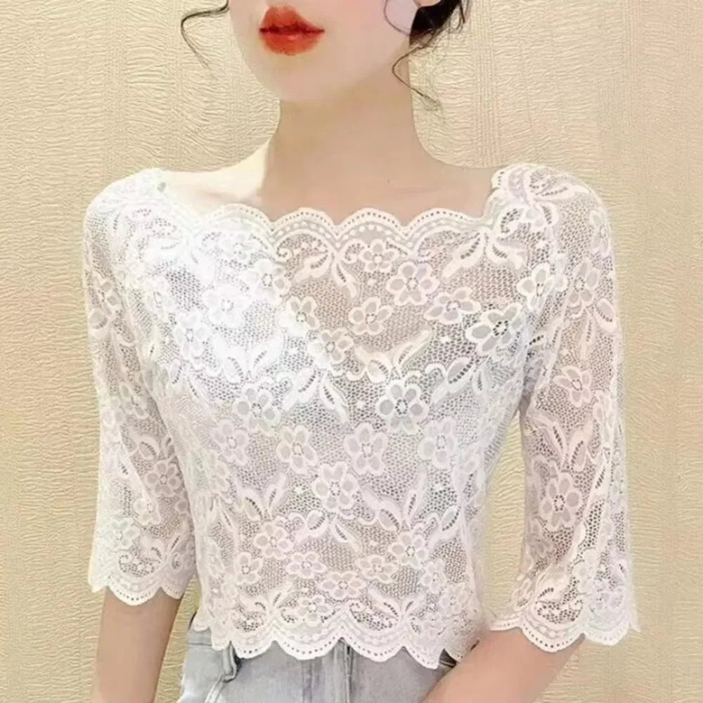 New One-word Collar Women Cropped Tops See-through Embroidery Half Sleeve Blouse Lace Pullover Tops Ladies