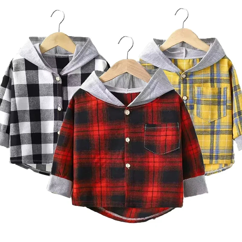 Spring and Autumn Children's Coat Plaid Boy Shirt Hooded Plaid Shirt 2-12 Year Old Girl Long Sleeved Coat Baby Clothes