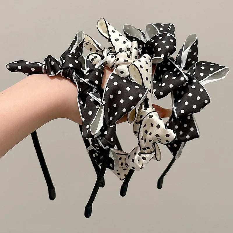 Korean Style Polka Dot Bow Headband – Double-Sided Hair Hoop, Elegant & Cute Hair Accessory for Women (Available)