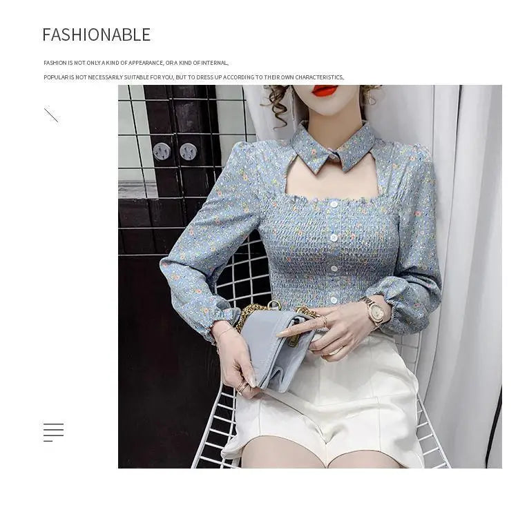 2025 Floral Chiffon Shirt New Spring Summer Women Collect Waist Hollow Out Tops Vintage Blouse Women Longsleeve Short Shirt 3XL