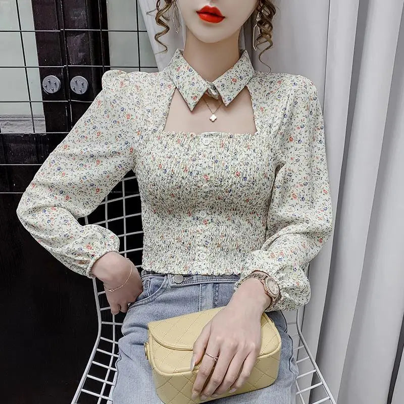 2025 Floral Chiffon Shirt New Spring Summer Women Collect Waist Hollow Out Tops Vintage Blouse Women Longsleeve Short Shirt 3XL