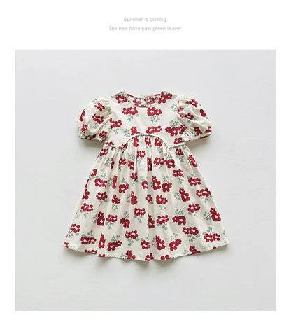 Summer Kids Girls Dresses Short Sleeve A Line Girls Dresses Floral Print Pleated Dress For Girl