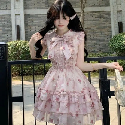 New Coquette Floral Mini Dress Women Sweet Bow Ruffle Tiered Dress Y2K Fairycore Aesthetic Sleeveless Lace Trim Party Chic Dress