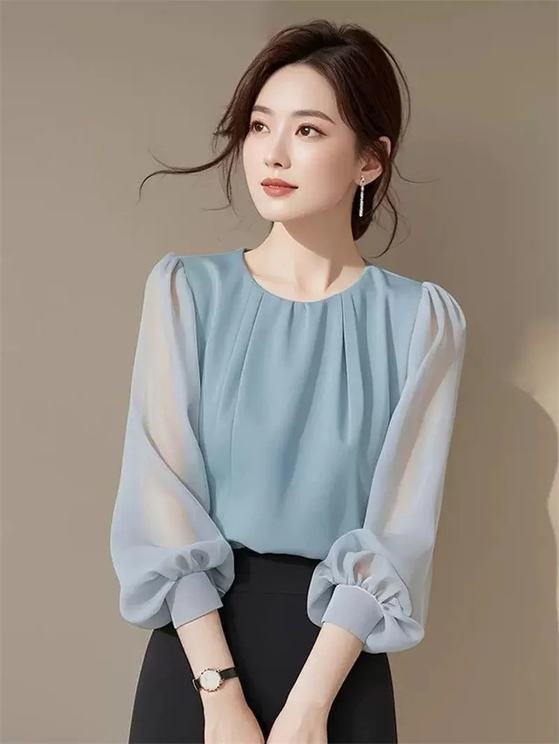 Autumn Winter Ladies Solid Color Blouse Jacket 2025 Female Long Sleeves Tops Coat Korean Women Fashion Round Neck Chiffon Shirt