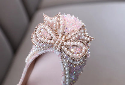 Girls Shoes Bling Single Shoes for Stage Performance Mary Janes Bow Crystal Glitter Wedding Flats Dance Party Leather Shoes New