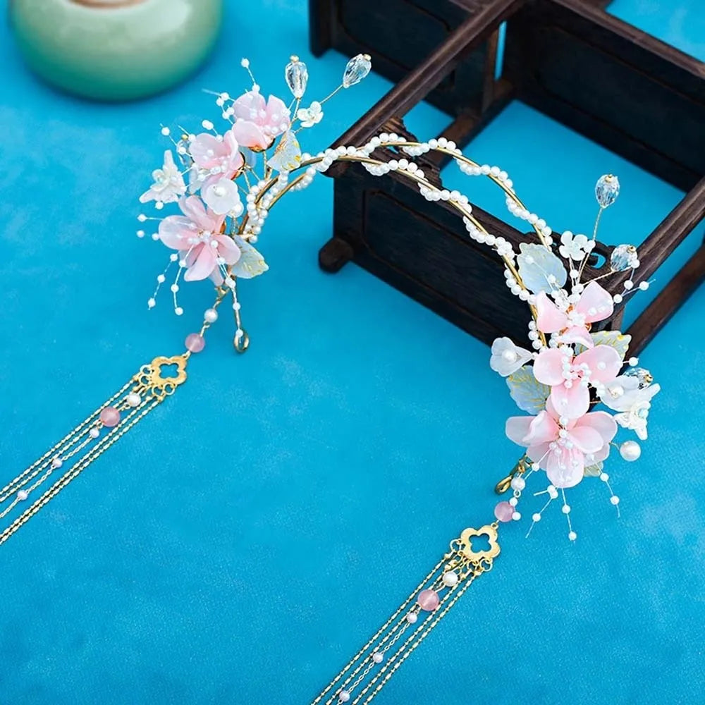Flower Hanfu Tassel Hair Hoop Beads Crown Chinese Ancient Hairband Double-layer Alloy Swaying Fairy Headwear Hairstyle Tool