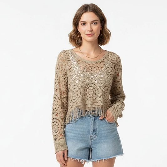 Women Tassel Hook Flower Hollow Out Short Knitting Retro Ethnic Style Round Neck Knitted Female Fashion Loose Top Spring Summer