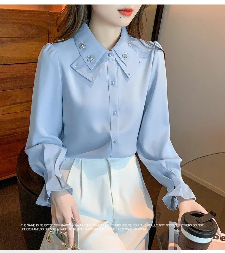 Elegant Long Sleeve Chiffon Shirts Women Autumn Winter Fashion White Blusa Feminina Korean Style Office Ladies Tops Blouses