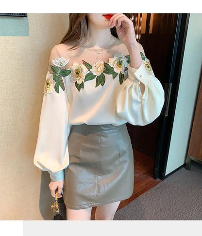 Fashion Women's Blouse Shirt Patchwork Long Sleeve Mesh Perspective Embroidered Flowers Chiffon Shirt Sexy Apricot Floral Shirt
